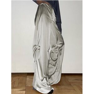 Commense Elegant Silver Satin Wide Leg Pants